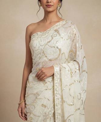 Ivory embroidered georgette saree with unstitched blouse 2