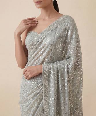 Grey embroidered georgette saree with unstitched blouse 3