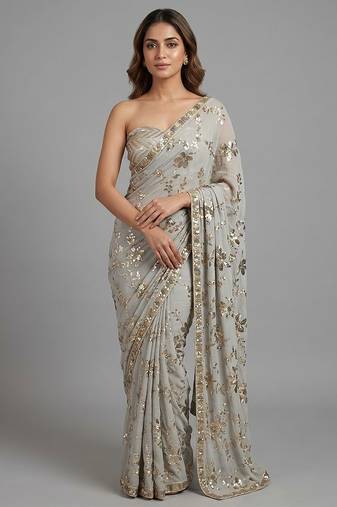 Grey embroidered georgette saree with unstitched blouse