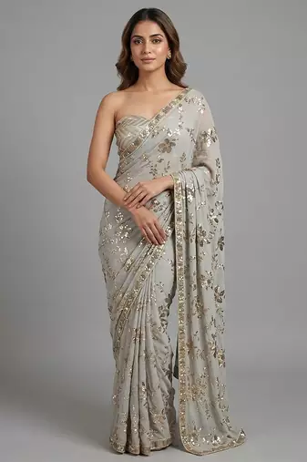 Grey embroidered georgette saree with unstitched blouse
