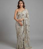 Grey embroidered georgette saree with unstitched blouse