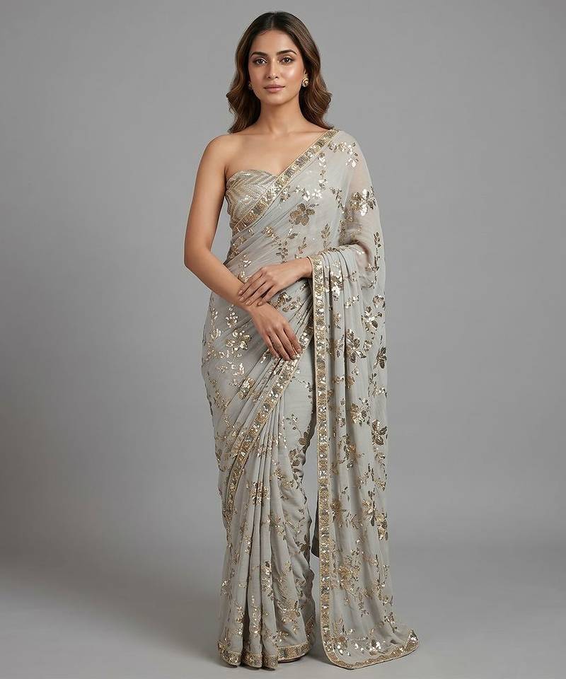 Grey embroidered georgette saree with unstitched blouse