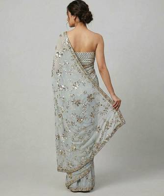Grey embroidered georgette saree with unstitched blouse 2