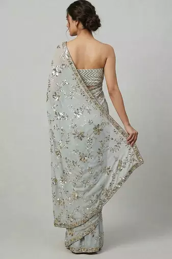 Grey embroidered georgette saree with unstitched blouse