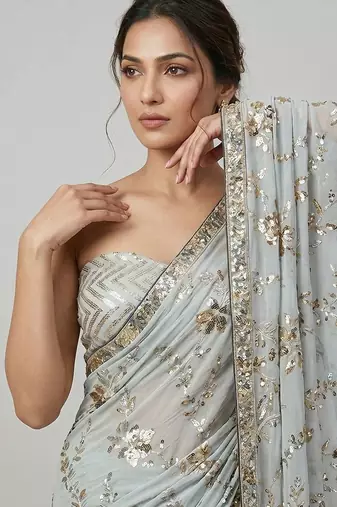 Grey embroidered georgette saree with unstitched blouse