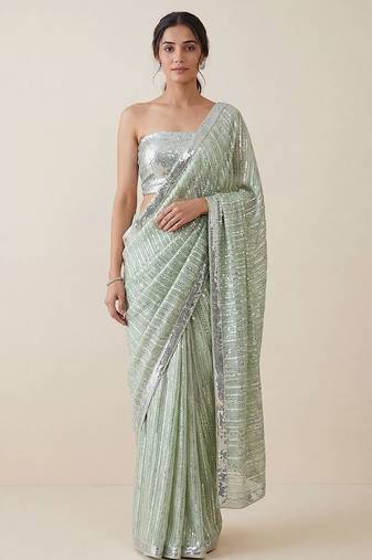 Mint green embroidered georgette saree with unstitched blouse