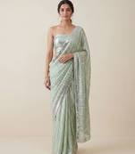 Mint green embroidered georgette saree with unstitched blouse