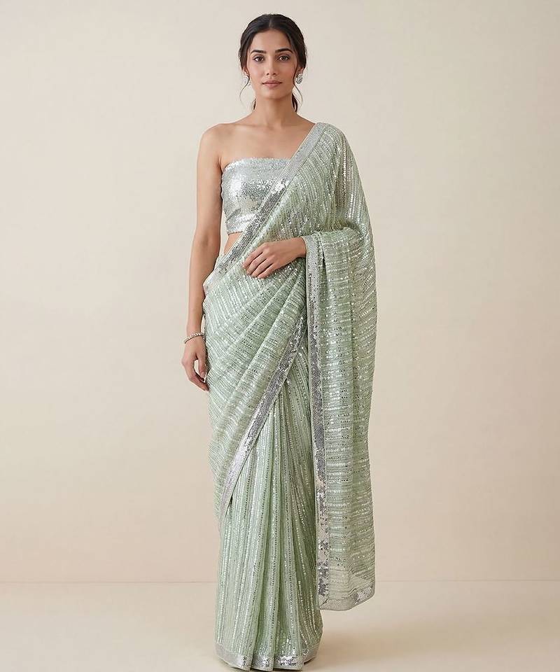 Mint green embroidered georgette saree with unstitched blouse