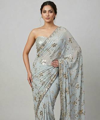 Grey embroidered georgette saree with unstitched blouse 4