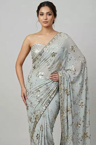 Grey embroidered georgette saree with unstitched blouse