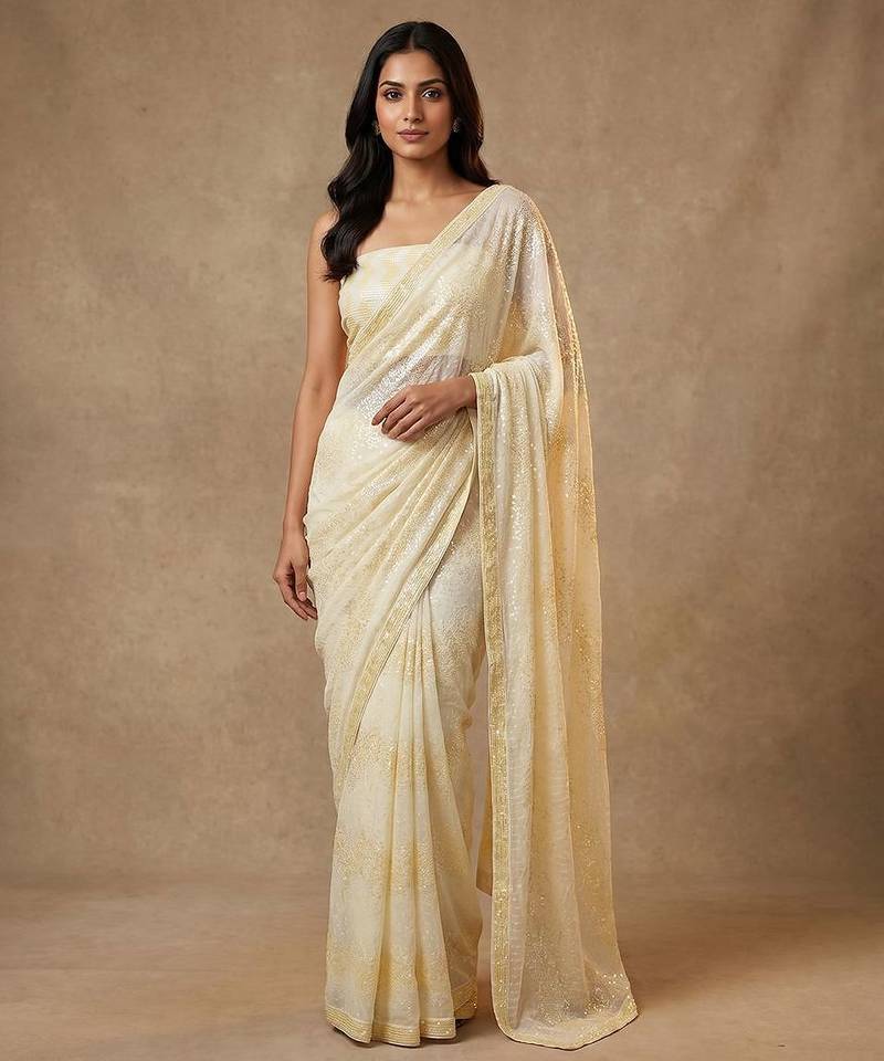 Yellow embroidered georgette saree with unstitched blouse