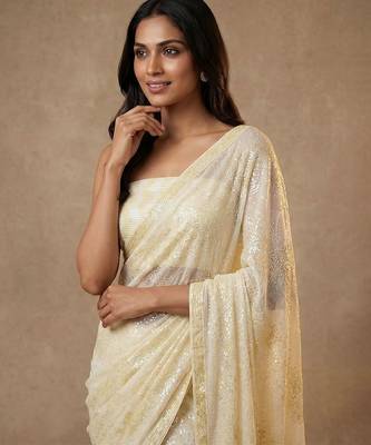 Yellow embroidered georgette saree with unstitched blouse 3