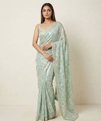 Green embroidered georgette saree with unstitched blouse 1