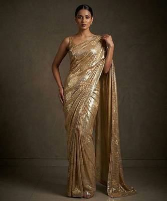 Gold embroidered shimmer georgette saree with unstitched blouse 1