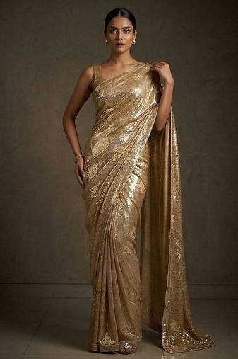 Gold embroidered shimmer georgette saree with unstitched blouse