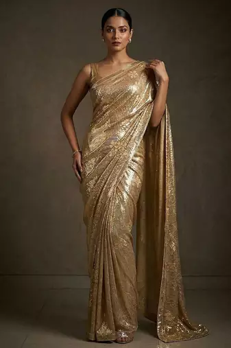 Gold embroidered shimmer georgette saree with unstitched blouse