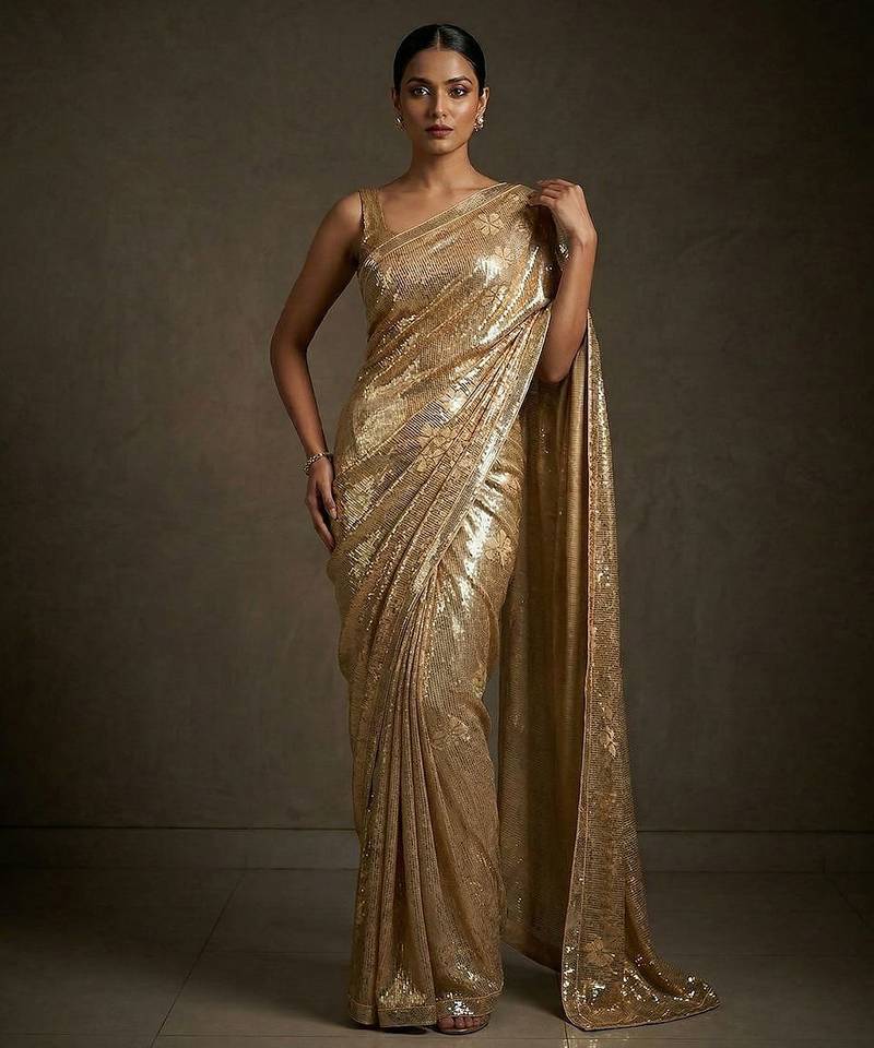 Gold embroidered shimmer georgette saree with unstitched blouse