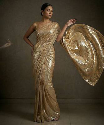 Gold embroidered shimmer georgette saree with unstitched blouse 2