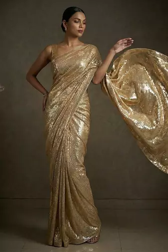 Gold embroidered shimmer georgette saree with unstitched blouse