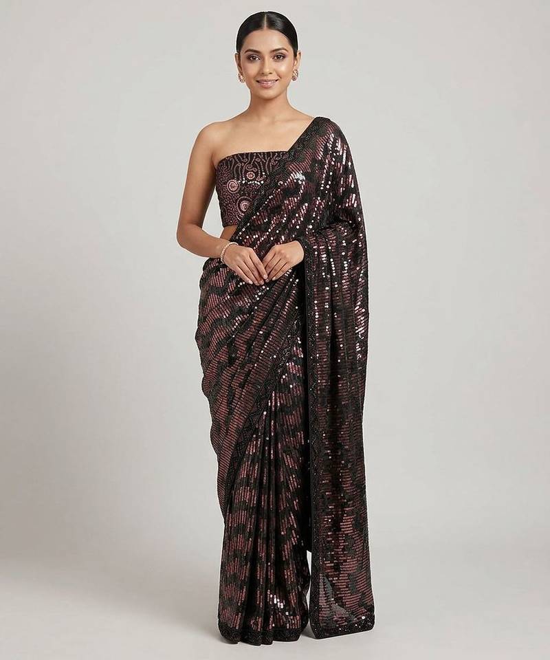 Black embroidered georgette saree with unstitched blouse