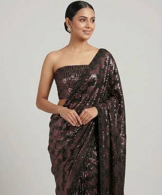 Black embroidered georgette saree with unstitched blouse 2