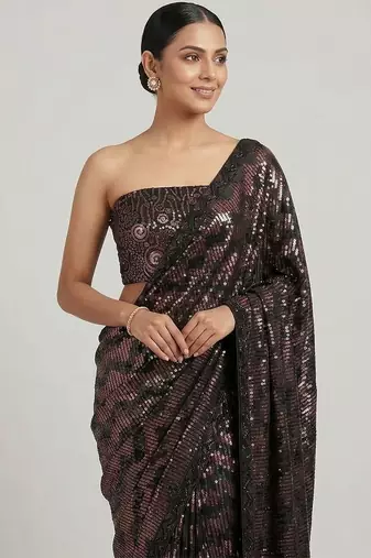 Black embroidered georgette saree with unstitched blouse