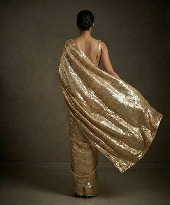 Gold embroidered shimmer georgette saree with unstitched blouse 3
