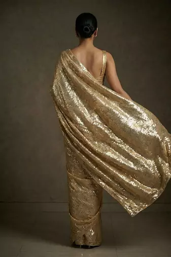 Gold embroidered shimmer georgette saree with unstitched blouse