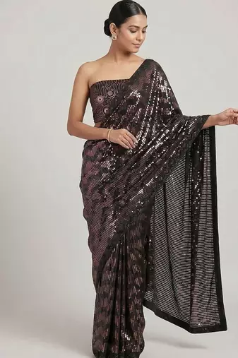 Black embroidered georgette saree with unstitched blouse