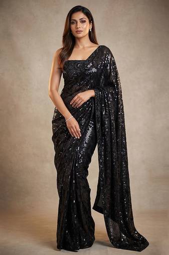 Black embroidered georgette net blend saree with unstitched blouse