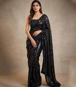 Black embroidered georgette net blend saree with unstitched blouse