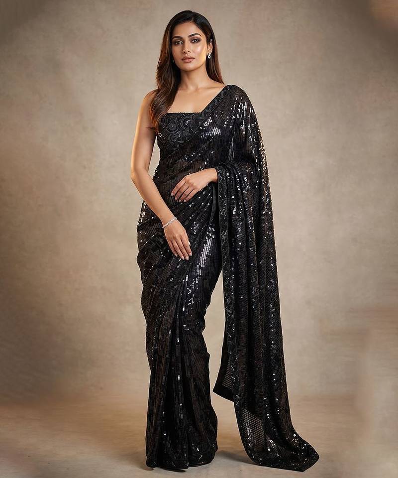 Black embroidered georgette net blend saree with unstitched blouse