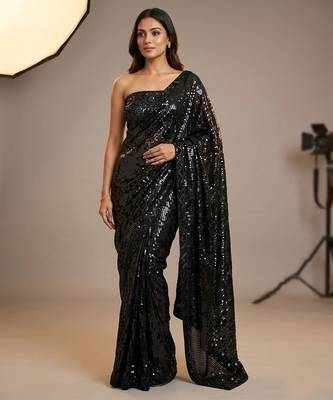Black embroidered georgette net blend saree with unstitched blouse 3