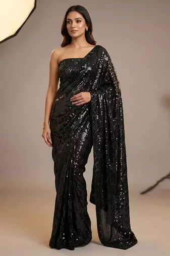 Black embroidered georgette net blend saree with unstitched blouse
