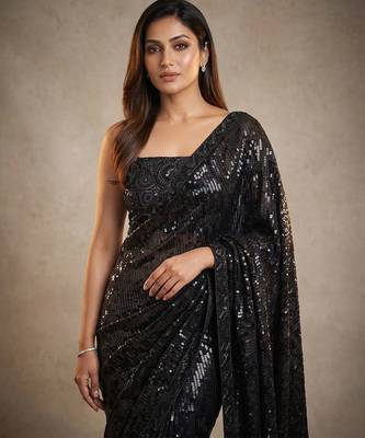 Black embroidered georgette net blend saree with unstitched blouse 4
