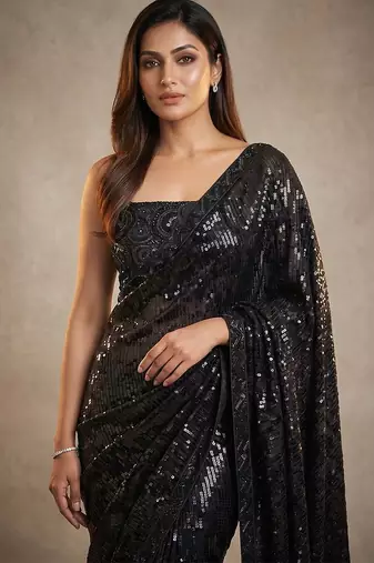 Black embroidered georgette net blend saree with unstitched blouse