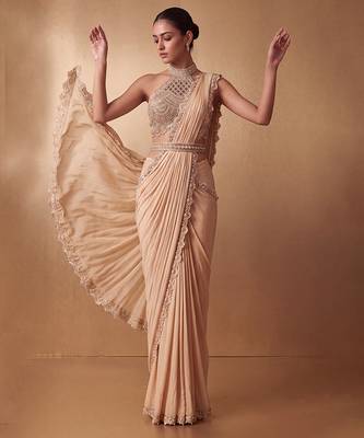 Gold embroidered georgette saree set with belt 1
