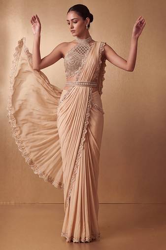 Gold embroidered georgette saree set with belt