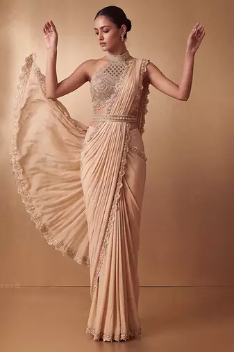 Gold embroidered georgette saree set with belt