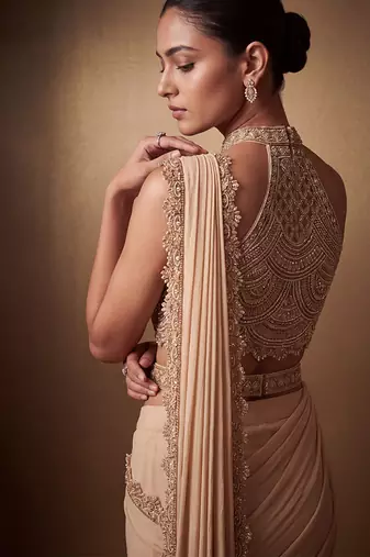 Gold embroidered georgette saree set with belt