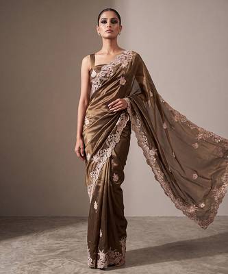 Brown embroidered soft organza saree with unstitched blouse 2