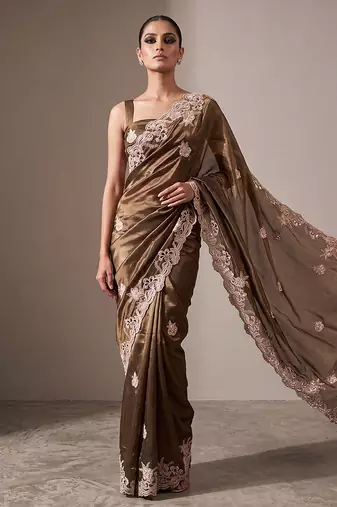 Brown embroidered soft organza saree with unstitched blouse