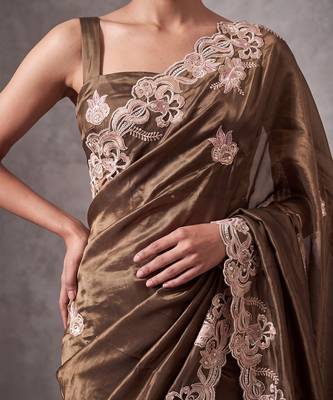 Brown embroidered soft organza saree with unstitched blouse 3
