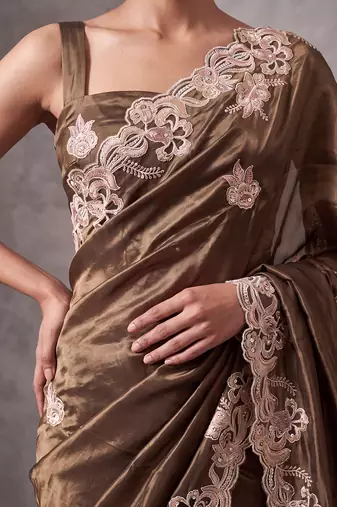 Brown embroidered soft organza saree with unstitched blouse
