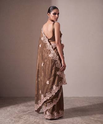 Brown embroidered soft organza saree with unstitched blouse 4