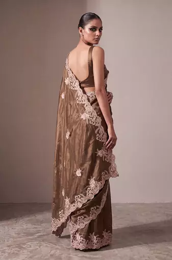 Brown embroidered soft organza saree with unstitched blouse