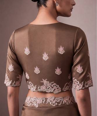 Brown embroidered soft organza saree with unstitched blouse 5