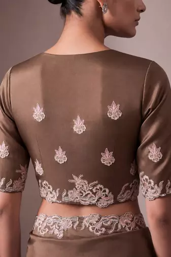 Brown embroidered soft organza saree with unstitched blouse