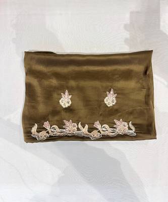 Brown embroidered soft organza saree with unstitched blouse 1