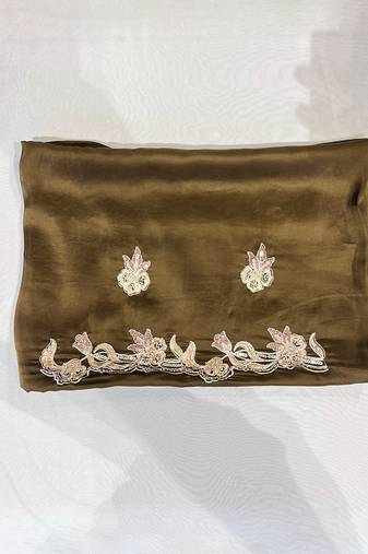 Brown embroidered soft organza saree with unstitched blouse